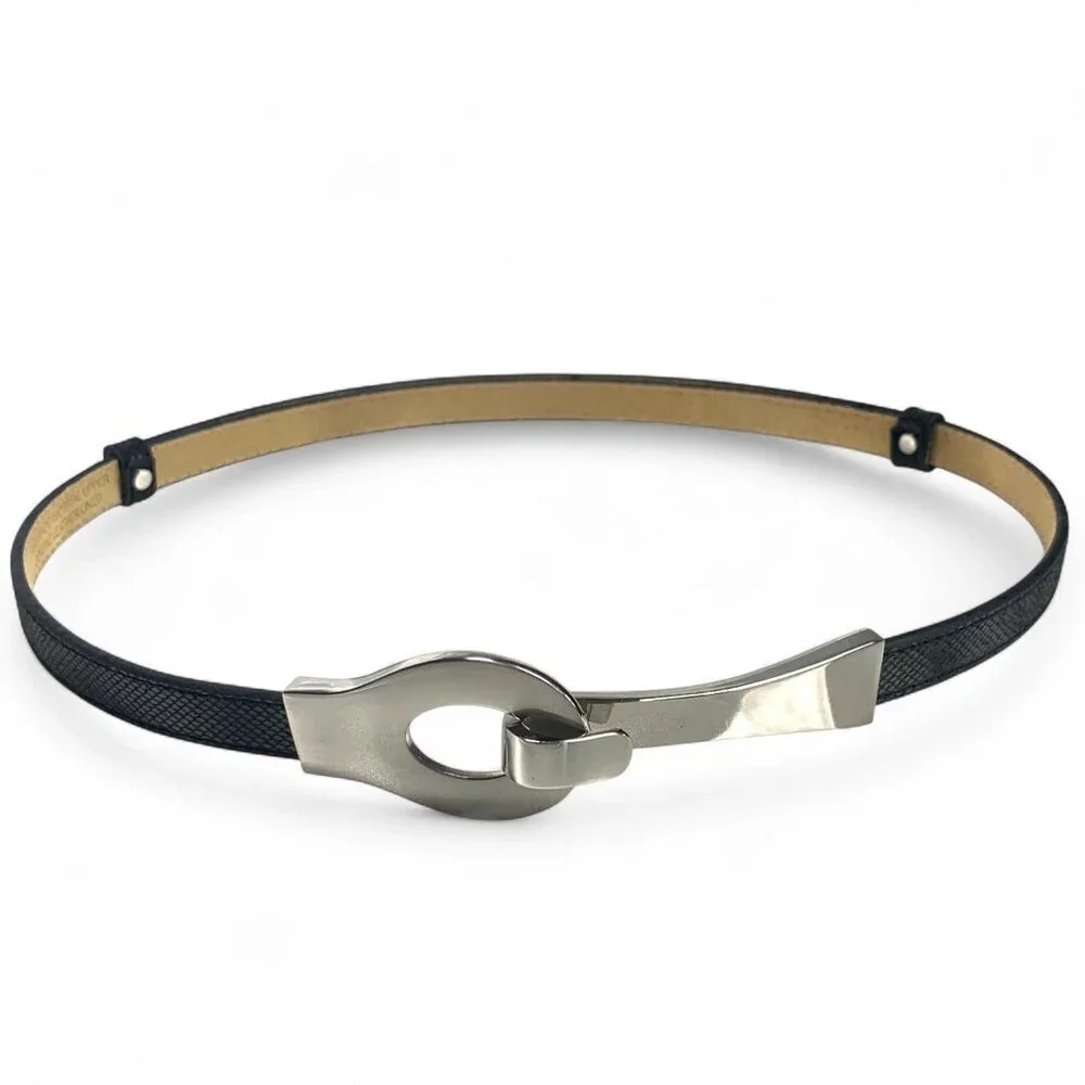 Black Slider Belt With Brushed Silver Metal Clasp Adjustable Leather Lined M/L